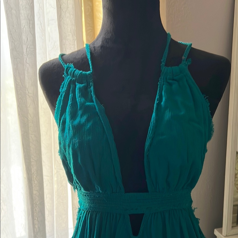 Free People TEAL green Ruched Halter Sundress